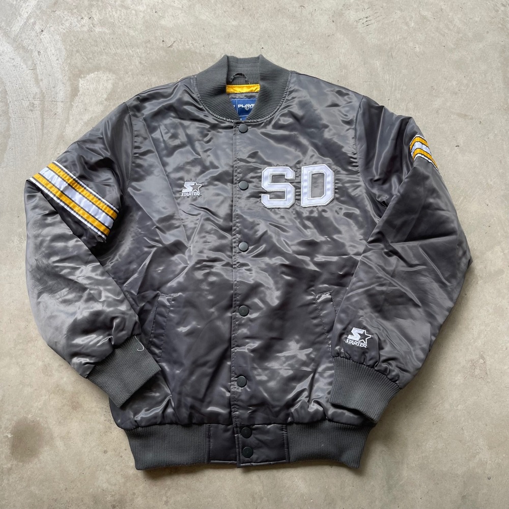 Starter Playr Gear San Diego Fleet Satin Bomber Jacket Grey Yellow Mens M